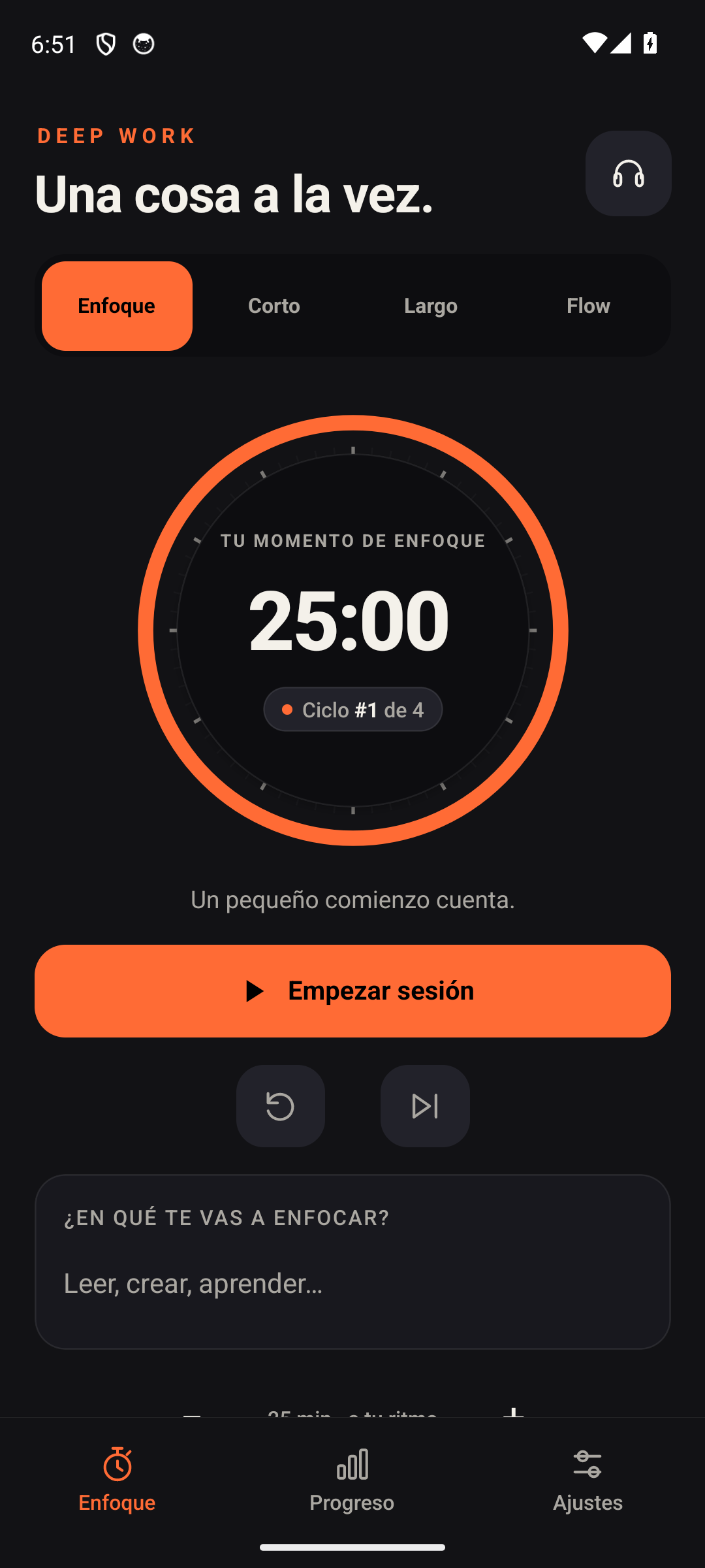 Vista de la app con un temporizador de enfoque de 25 minutos